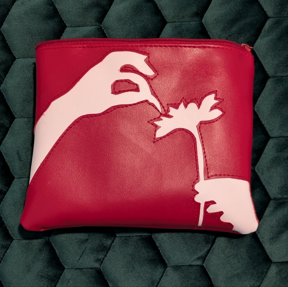 Red & white faux leather makeup bag w zipper